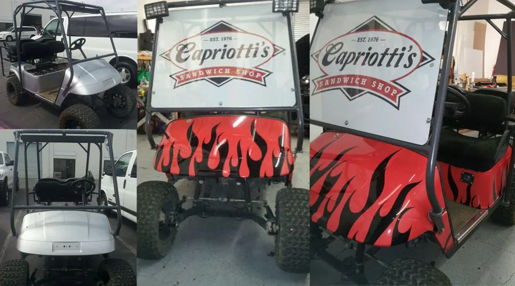 Capriotti's golf carts before wrapping and after flame wraps