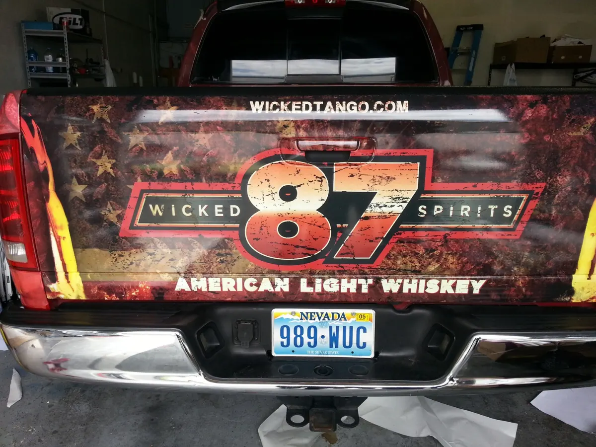 Wicked 87 Spirits American Light Whiskey printed tailgate wrap
